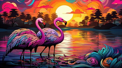 Poster - a couple of flamingos standing in water