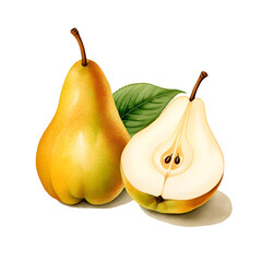 Wall Mural - Illustration of a whole and sliced pears with a vibrant leaf, on a transparent background, depicting freshness and health.