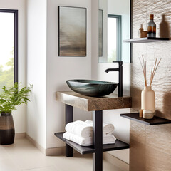 Close up of marble stone or tempered glass oval vessel sink and black faucet on granite counter. Minimalist interior design of modern bathroom.