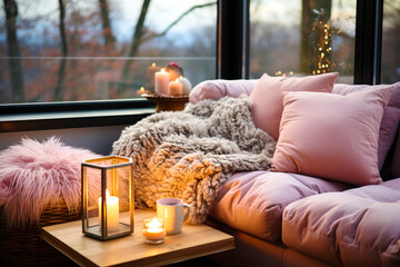 Burning candles on coffee table near sofa with grey sheepskin blanket. Cozy reading nook. Scandinavian farmhouse, hygge home interior design of modern living room. Warm and inviting fall atmosphere.