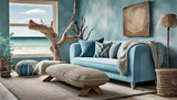 Fototapeta Do akwarium - Muted blues and coastal decor evoke a seaside escape with a plush sofa and driftwood accents.