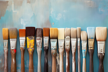 Row of artist paintbrushes closeup on artistic canvas