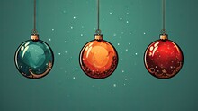  Three Christmas Baubles Hanging From Chains On A Teal Background With Snowflakes And Snowflakes On The Bottom Of The Baub And Bottom Of The Baub.  Generative Ai