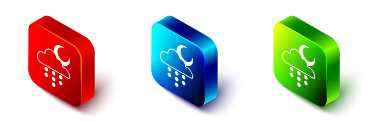 Wall Mural - Isometric Cloud with rain and moon icon isolated on white background. Rain cloud precipitation with rain drops. Red, blue and green square button. Vector