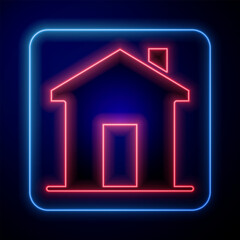 Wall Mural - Glowing neon House icon isolated on black background. Real estate agency or cottage town elite class. Vector