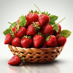 Wall Mural - A basket full of strawberries with green leaves, clipart on white background.