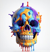 A Colorful Skull With Fluid Liquid Flow Dripping Paint, Giving It A Unique And Artistic Appearance