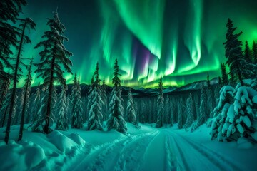 Aurora borealis over the frosty forest. Green northern lights above mountains. Night nature landscape with polar lights. Night winter landscape with aurora. Creative image. winter holiday concept