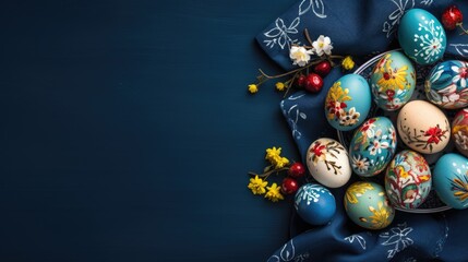 Wall Mural - dark blue easter banner with painted eggs - copyspace mockup template