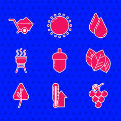 Wall Mural - Set Acorn, Meteorology thermometer, Grape fruit, Leaf leaves, Barbecue grill, Water drop and Wheelbarrow with dirt icon. Vector