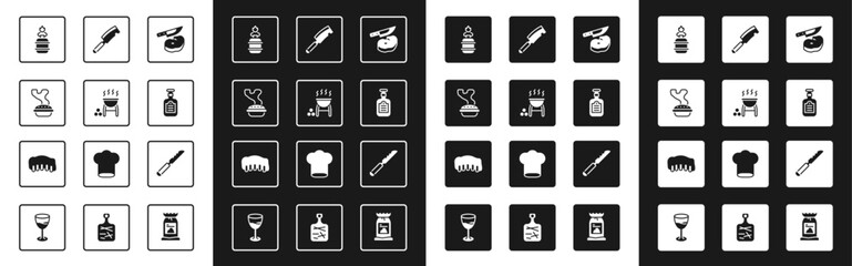 Wall Mural - Set Steak meat and knife, Barbecue grill, Homemade pie, Camping gas stove, Sauce bottle, Meat chopper, Bread and Grilled pork bbq ribs icon. Vector