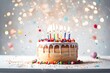 Sprinkle-covered birthday cake on a white table, minimalist design with luminous bokeh