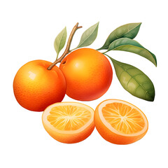 Wall Mural - Illustration of a whole and sliced kumquat with a vibrant leaf, on a transparent background, depicting freshness and health.