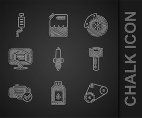 Wall Mural - Set Car spark plug, Canister for motor machine oil, Timing belt kit, key with remote, Check engine, brake disk caliper and muffler icon. Vector