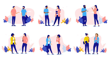 Aufkleber - People talking together collection - Set of illustrations with professional characters having dialogue and conversation face to face standing in casual clothes. Flat design with white background