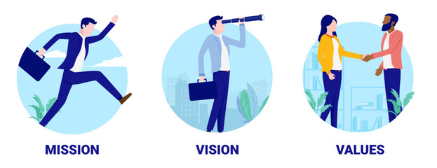 Wall Mural - Business mission vision values - Vector illustration of core values with people representing corporate company principles. Flat design with oval round frames on white background