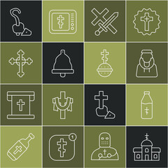 Wall Mural - Set line Church building, Holy water bottle, Monk, Crusade, bell, Christian cross, Magic staff and icon. Vector