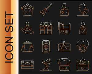 Wall Mural - Set line Donation and charity, The heart world - love, Volunteer, Male doctor, Gift box, Caring for people, Shelter homeless and Free overnight stay house icon. Vector