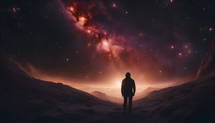 Man looking at a beautiful space landscape. 3D Rendering.