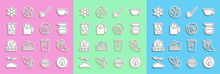 Set Line Tea Leaf, In Hand, Teapot, Spoon With Sugar, Time, Ice Tea, Flower And Icon. Vector