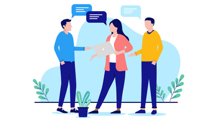 Fototapete - Work discussion - Group of three business people standing, talking and having a discussion together in office workplace. Flat design vector illustration with white background