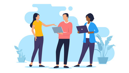 Fototapete - Office people with computers - Team of diverse businesspeople working with laptops talking and discussing work and business. Flat design vector illustration graphic with white background