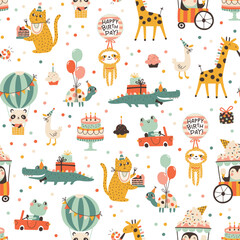 Wall Mural - Birthday seamless pattern with cute animals. Vector hand drawn cartoon illustration of festive elements and funny characters. Vintage cheerful pastel palette is perfect for gift wrapping.