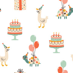 Wall Mural - Birthday seamless pattern with cute animals. Vector hand drawn cartoon illustration of festive elements and funny characters. Vintage cheerful pastel palette is perfect for gift wrapping.