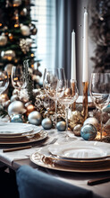 Christmas Table Setting With Elegant Festive Tableware, Gray And Gold Decor For Christmas Celebration, Vertical Format
