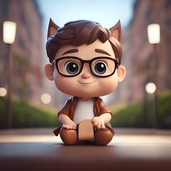 Wall Mural - 3d rendering of a cute little boy with glasses sitting on the street