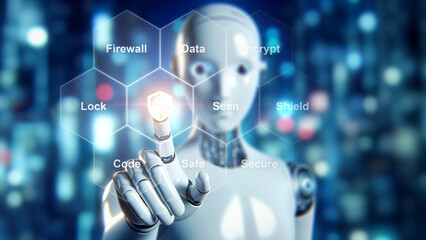 AI cybersecurity robot interfacing with protection protocols, advanced network defense and data encryption, cyber security concept