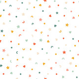 Fototapeta Pokój dzieciecy - Chaotic confetti seamless pattern. Vector abstract background. Cute simple candy, star, heart and polka dot shapes in a fun vintage palette are perfect for gift wrapping paper.