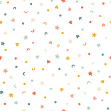 Chaotic Confetti Seamless Pattern. Vector Abstract Background. Cute Simple Candy, Star, Heart And Polka Dot Shapes In A Fun Vintage Palette Are Perfect For Gift Wrapping Paper.