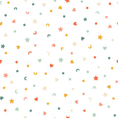 Chaotic confetti seamless pattern. Vector abstract background. Cute simple candy, star, heart and polka dot shapes in a fun vintage palette are perfect for gift wrapping paper.