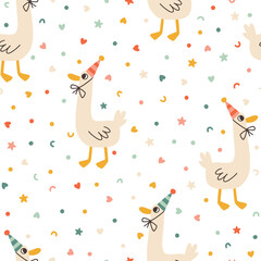 Wall Mural - Birthday seamless pattern with a cute duck in a cone with confetti sprinkles. Vector hand drawn cartoon illustration of festive elements and funny characters. Vintage fun pastel palette.