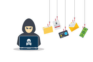 Hacker with laptop computer stealing confidential data, personal information and credit card detail. Hacking concept.	