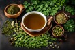 upper view of cup of tea with mint and moringa leaves with wooden background