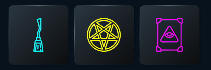 Sticker - Set line Witches broom, Ancient magic book and Pentagram in circle. Black square button. Vector