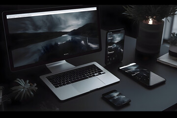 Wall Mural - Laptop. smartphone and tablet pc on black desk. 3d render