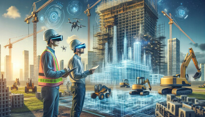 Engineers using AR headsets to visualize a holographic skyscraper amidst a futuristic construction site