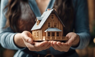 Female woman Hands holding wooden house. Small house in a human hand. New home, business, investment and real estate concept.