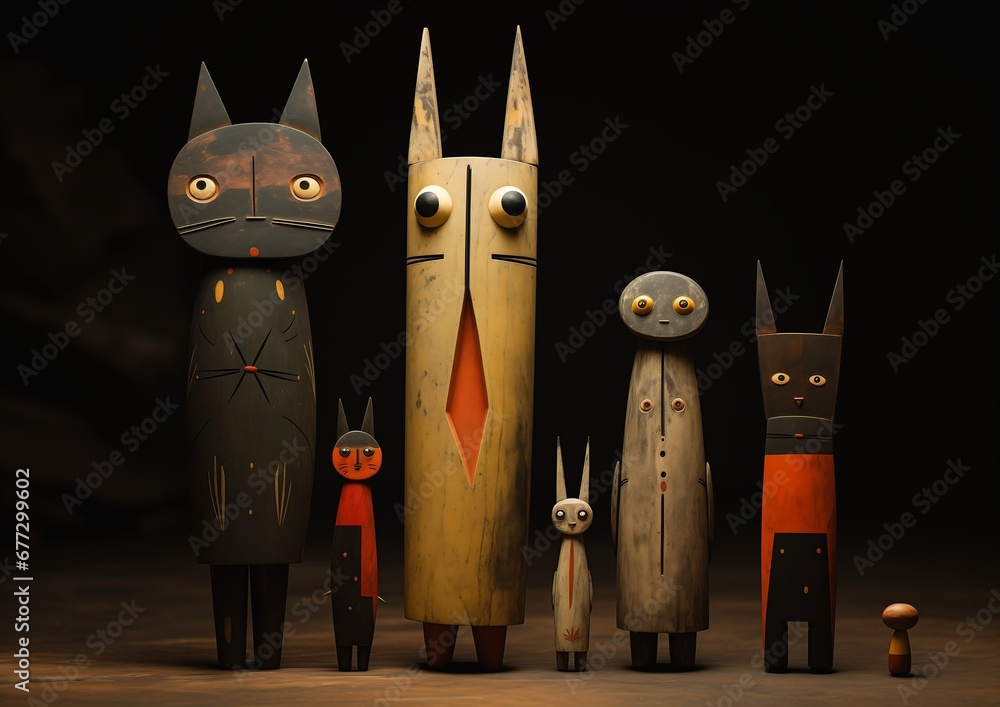 wooden toys different shapes sizes standing row anthropomorphic kitty ...
