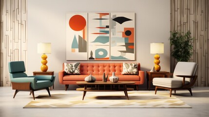 sunny mid century style interior living room design with abstract art in the background