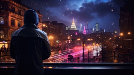 Canvas Print - A man is looking out a window at a city at night. Generative AI.