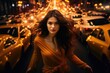 A woman in an orange dress walking down a street. Generative AI.