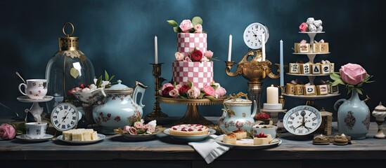 Wall Mural - Alice in Wonderland inspired desserts Copy space image Place for adding text or design