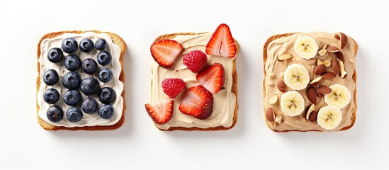 Canvas Print - Assorted sweet toast chocolate banana peach cream cheese strawberry peanut butter blueberry cream cheese White background from above Copy space image Place for adding text or design