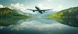 An airplane shaped lake in pristine nature representing ecology air transport travel and ecotourism Copy space image Place for adding text or design
