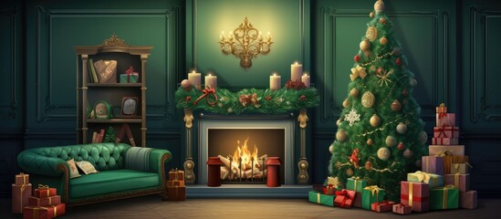 Sticker - Christmas themed living room interior with a chic green sofa white chimney tree wreath stars gifts and decorations perfect for family time Copy space image Place for adding text or design