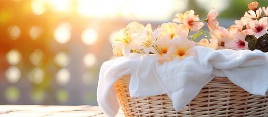 Blurred closeup of laundry detergents towels and flowers Copy space image Place for adding text or design